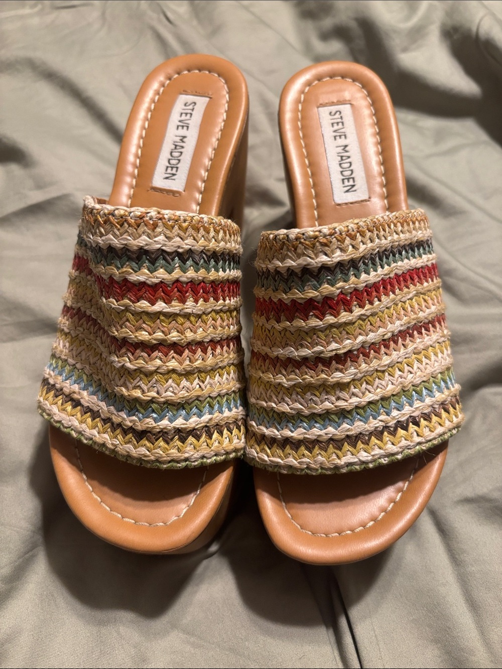 Steve Madden Tan Woven Multicolor Slide Mules